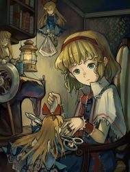 Rule 34 | 4girls, absurdres, alice margatroid, blonde hair, book, bookshelf, candle, chair, doll, fire, flying, hairband, highres, holding, kornod, multiple girls, red headwear, red ribbon, ribbon, scissors, sewing machine, shanghai doll, sitting, smile, table, touhou