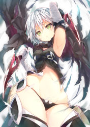 Rule 34 | 1girl, :o, arm up, armpits, bandages, belt, black panties, black thighhighs, cape, cowboy shot, dagger, dual wielding, eyebrows, eyelashes, fate/apocrypha, fate/grand order, fate (series), from below, gloves, green eyes, hair between eyes, highres, holding, holding weapon, jack the ripper (fate/apocrypha), knife, looking at viewer, looking down, lowleg, lowleg panties, motion blur, navel, no pants, panties, scar, scar across eye, scar on face, short hair, sleeveless, solo, stomach, sune (mugendai), suneo, thighhighs, underwear, weapon, white background, white hair
