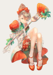 Rule 34 | 1girl, beehive hairdo, bow, cotolier risa, flower, food, fork, fruit, gloves, hair bow, highres, knees up, light brown hair, original, oversized food, oversized object, puffy short sleeves, puffy sleeves, red bow, red footwear, red shorts, shoes, short sleeves, shorts, simple background, solo, strawberry, white background, white flower, white gloves