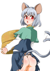 Rule 34 | 1girl, animal ears, ass, ass cutout, black panties, blue skirt, blue vest, blush, capelet, cheese, clothes lift, clothing cutout, commentary request, cowboy shot, food, green capelet, grey hair, highres, holding, holding food, lifting own clothes, lifted by tail, long sleeves, looking at viewer, looking back, motion lines, mouse ears, mouse tail, nazrin, open mouth, panties, raised eyebrows, red eyes, shiraue yuu, shirt, short hair, skirt, skirt lift, solo, tail, tail through clothes, tail wagging, thong, touhou, underwear, vest, white background, white shirt, white sleeves