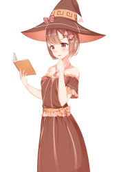 Rule 34 | 1girl, absurdres, bare shoulders, blush, book, bow, brown dress, brown eyes, brown hair, brown hat, dress, halloween, hat, hat bow, highres, jewelry, necklace, original, piki, short hair, solo, standing, witch, witch hat