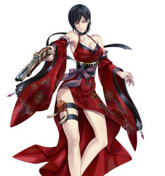 Rule 34 | 1girl, ada wong, adapted costume, antique firearm, bare legs, bare shoulders, black hair, breasts, capcom, choker, cleavage, company connection, detached sleeves, dress, firearm, firelock, flintlock, floral print, frills, grey eyes, gun, handgun, highres, large breasts, legs, nagahama megumi, obi, official art, onimusha soul, pistol, red dress, resident evil, resident evil 4, ribbon, sash, short hair, side slit, simple background, solo, thigh strap, weapon, white background