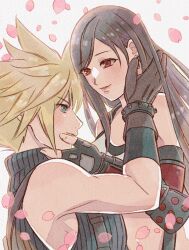 Rule 34 | 1boy, 1girl, bare shoulders, black gloves, black hair, blonde hair, blue eyes, blush, brown gloves, brown hair, closed mouth, cloud strife, commentary request, couple, crop top, earrings, elbow gloves, falling petals, final fantasy, final fantasy vii, final fantasy vii rebirth, final fantasy vii remake, fingerless gloves, gloves, hand on another&#039;s cheek, hand on another&#039;s face, highres, jewelry, lips, long hair, looking at another, midriff, parted lips, petals, red eyes, rena s1226, short hair, single earring, sleeveless, sleeveless turtleneck, smile, spiked hair, suspenders, sweater, tank top, tifa lockhart, turtleneck, turtleneck sweater, upper body, white tank top
