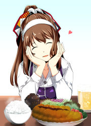 Rule 34 | 1girl, apron, ashigara (kancolle), beer mug, bowl, brown hair, closed eyes, collarbone, commentary request, cup, fake horns, hairband, hand on own cheek, hand on own face, head rest, heart, highres, horned headwear, horns, kantai collection, kawamura tsukasa, long hair, long sleeves, mug, plate, ponytail, purple apron, rice, rice bowl, shirt, smile, solo, upper body, white hairband, white shirt