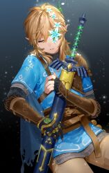 Rule 34 | 1boy, black background, black gloves, blonde hair, blue tunic, brown pants, champion&#039;s tunic (zelda), check copyright, closed eyes, copyright request, cowboy shot, facing viewer, fingerless gloves, flower, flower over eye, gloves, gradient background, hair flower, hair ornament, highres, holding, holding sword, holding weapon, kelezi, light particles, link, male focus, medium hair, nintendo, pants, parted lips, pointy ears, sheath, sheathed, solo, sword, the legend of zelda, weapon, white flower