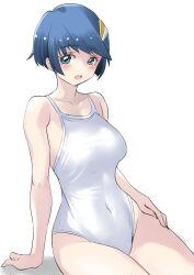 Rule 34 | 1girl, blue hair, blush, breasts, collarbone, covered navel, green eyes, hair ornament, hairclip, highres, looking at viewer, one-piece swimsuit, open mouth, scheris adjani, scryed, shiruco, short hair, simple background, solo, swimsuit, white background