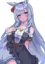 Rule 34 | 1girl, :o, absurdres, animal ears, asymmetrical sleeves, bare shoulders, black dress, blue hair, blush, braid, breasts, collarbone, commentary request, crown braid, dress, frilled dress, frilled skirt, frills, hand on own chest, hands up, head tilt, highres, horse ears, large breasts, long hair, long sleeves, looking at viewer, mejiro ardan (umamusume), mola mola, off-shoulder dress, off shoulder, parted lips, purple eyes, short sleeves, simple background, skirt, solo, umamusume, very long hair, white background, white skirt