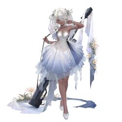 1girl adjusting_strap ankle_flower anti-materiel_rifle armlet bare_shoulders blue_stripes bolt_action bracelet breasts crossed_ankles dark-skinned_female dark_skin dress eyepatch fingernails flower flower_request full_body girls&#039;_frontline grey_eyes grey_nails gun hair_between_eyes hair_flower hair_intakes hair_ornament highres holding holding_gun holding_weapon hs.50_(girls&#039;_frontline) hs.50_(intoxicating_crystal)_(girls&#039;_frontline) jewelry long_hair looking_at_viewer necklace no_socks official_alternate_costume official_art open_mouth rifle sawamaharu silver_armlet silver_bracelet silver_choker simple_background single_bare_leg single_vertical_stripe small_breasts snake_hair_ornament sniper_rifle solo standing steyr_hs_.50 strapless strapless_dress striped_clothes striped_dress teeth third-party_source transparent_background twintails upper_teeth_only weapon white_dress white_flower white_footwear white_hair