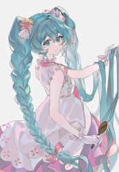 Rule 34 | 1girl, aqua eyes, aqua hair, bow, braid, brushing hair, closed mouth, comb, commentary request, dress, feet out of frame, flower, gloves, grey background, hair between eyes, hair bow, hair flower, hair half undone, hair ornament, hatsune miku, highres, holding, holding comb, holding own hair, long hair, looking at viewer, looking back, lunar (lunar 815), pink bow, shirt, simple background, sleeveless, sleeveless dress, smile, solo, split mouth, twin braids, very long hair, vocaloid, white bow, white dress, white gloves, white shirt