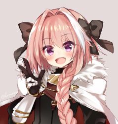 Rule 34 | 1boy, artist name, astolfo (fate), black bow, black ribbon, bow, braid, eyes visible through hair, fang, fate/apocrypha, fate/grand order, fate (series), fummy, grey background, hair intakes, hair ornament, hair ribbon, male focus, multicolored hair, open mouth, pink hair, purple eyes, ribbon, simple background, single braid, smile, streaked hair, trap, v