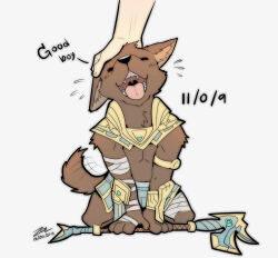 animal_ears body_fur brown_fur dog_boy dog_ears dog_tail english_text fangs grey_background highres league_of_legends nasus sharp_teeth simple_background sollyz solo_focus tail teeth weapon