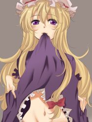 Rule 34 | 1girl, bad id, bad pixiv id, blonde hair, clothes in mouth, clothes lift, dress, dress in mouth, dress lift, female focus, groin, hat, long hair, mouth hold, navel, purple eyes, solo, touhou, waiko, yakumo yukari
