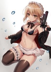 Rule 34 | apron, artoria pendragon (alter swimsuit rider) (fate), artoria pendragon (alter swimsuit rider) (second ascension) (fate), artoria pendragon (fate), bare shoulders, bikini, black bikini, black bow, black bowtie, black jacket, blonde hair, blush, bow, bowtie, breasts, bridal garter, brown eyes, brown thighhighs, cleavage, closed mouth, collarbone, commentary request, fate/grand order, fate (series), frilled apron, frilled bikini, frills, gradient background, grey background, gun, harimoji, holding, holding gun, holding weapon, jacket, leg up, long sleeves, looking at viewer, maid, maid bikini, maid headdress, navel, neck garter, open clothes, open jacket, short hair, sidelocks, small breasts, solo, standing, standing on one leg, stomach, swimsuit, thighhighs, trigger discipline, unconventional maid, waist apron, water drop, weapon, white apron