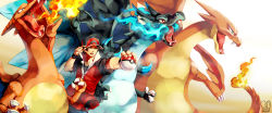 Rule 34 | 10s, 1boy, absurdres, baseball cap, black skin, blue eyes, blue fire, charizard, colored skin, creatures (company), epic, fangs, fire, flame-tipped tail, game freak, gen 1 pokemon, hat, highres, mega charizard x, mega charizard y, mega pokemon, multiple persona, nintendo, poke ball, poke ball (basic), pokemon, pokemon (creature), pokemon xy, popped collar, red (pokemon), red (pokemon frlg), red eyes, sa-dui, wings, wristband