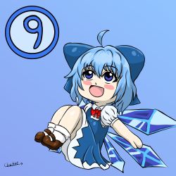 Rule 34 | :d, ball, blue background, blue eyes, blue hair, brown footwear, chibi, chutte23, cirno, dress, highres, ice, ice wings, open mouth, red ribbon, ribbon, shirt, simple background, smile, touhou, watermark, white shirt, wings