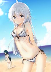 Rule 34 | 2girls, absurdres, ahoge, akatsuki (kancolle), arms behind back, ball, barefoot, beach, beachball, bikini, blue eyes, blue hair, blue sky, blush, breasts, cleavage, cloud, commentary request, contrapposto, cowboy shot, day, dutch angle, frilled bikini, frills, front-tie bikini top, front-tie top, grey eyes, groin, hair between eyes, halterneck, hibiki (kancolle), highres, holding, holding ball, horizon, kantai collection, kneeling, lens flare, long hair, looking at viewer, multiple girls, navel, ocean, open mouth, outdoors, polka dot, polka dot bikini, side-tie bikini bottom, silver hair, sky, small breasts, standing, string bikini, sun, sunlight, swimsuit, uzuki tsukuyo, water