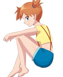 Rule 34 | 1girl, barefoot, blue eyes, blue shorts, breasts, closed mouth, creatures (company), crossed legs, denim, denim shorts, game freak, legs together, looking at viewer, midriff, misty (pokemon), nintendo, orange hair, pokemon, pokemon (anime), pokemon (classic anime), shirt, short hair, short sleeves, shorts, side ponytail, sitting, small breasts, smile, solo, spiked hair, suspenders, tan-san mizu, white background, yellow shirt