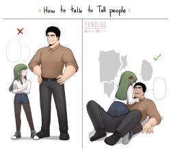 1boy 1girl absurdres anger_vein assertive_female belt black_hair blush bra_strap collared_shirt facial_hair girl_on_top goatee green_eyes green_hair height_difference highres how_to_talk_to_short_people_(meme) husband_and_wife igarashi_futaba_(shiromanta) medium_hair meme panqlao pants pantyhose senpai_ga_uzai_kouhai_no_hanashi shirt short_hair shorts size_difference straddling stubble takeda_harumi_(shiromanta) tall thick_eyebrows