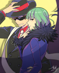 Rule 34 | 10s, 2016, 2boys, arm around waist, arm at side, black coat, blunt bangs, blurry, bob cut, brothers, brown hair, buttons, closed mouth, coat, collared shirt, crossdressing, dated, depth of field, double-breasted, eyebrows, eyelashes, feathers, fur-trimmed coat, fur trim, glasses, green eyes, green hair, grin, hand on headwear, hand up, hat, hat ribbon, looking at viewer, male focus, matsuno choromatsu, matsuno osomatsu, multiple boys, necktie, nightcat, osomatsu-kun, osomatsu-san, osomatsu (series), pink lips, profile, red ribbon, red shirt, ribbon, shadow, shirt, siblings, signature, smile, stage lights, stole, sunglasses, trap, upper body, white necktie, wig, yellow background