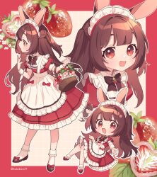 Rule 34 | 1girl, animal ears, basket, black bow, black bowtie, black footwear, blush, bow, bowtie, brown hair, checkered background, chibi, commentary, cross-section, dress, floating, food, frilled dress, frills, fruit, goshi-san, grid background, highres, holding, holding basket, legs, long hair, looking at viewer, maid headdress, medium dress, multiple views, open mouth, original, outline, puffy short sleeves, puffy sleeves, rabbit ears, red bow, red dress, red eyes, red outline, short sleeves, socks, standing, strawberry, symbol-only commentary, twitter username, two side up, white background, white socks, wrist cuffs