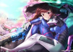 Rule 34 | 1girl, bad id, bad pixiv id, blurry, blurry background, bodysuit, breasts, brown eyes, brown hair, cherry blossoms, chinchongcha, closed mouth, clothes writing, d.va (overwatch), day, deviantart username, facepaint, facial mark, gloves, headphones, headphones around neck, highres, interface, long hair, looking at viewer, mecha, medium breasts, meka (overwatch), overwatch, overwatch 1, pilot suit, ribbed bodysuit, robot, shoulder pads, sitting, smile, solo, whisker markings, white gloves