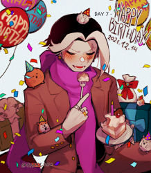 Rule 34 | 1boy, animal, animal on head, animal on shoulder, barry nah, black hair, blush, bow, brown jacket, cake, cake slice, cham-p, danganronpa (series), danganronpa 3 (anime), dated, eating, food, gift, grey background, grey hair, hamster, happy birthday, highres, holding, holding plate, jacket, jewelry, jum-p, lower teeth only, maga-g, male focus, multicolored hair, on head, pink scarf, plate, red bow, ring, scarf, short hair, simple background, strawberry shortcake, sun-d, tanaka gundham, teeth, twitter username