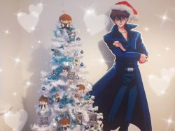 Rule 34 | 1boy, 2d dating, belt, blouse, blue cloak, blue pants, blue shirt, brown eyes, brown hair, christmas, christmas ornaments, christmas tree, cloak, collarbone, commentary, dress shirt, english commentary, hat, heart, highres, kaiba seto, looking at viewer, male focus, multiple views, open mouth, pants, photo (medium), red headwear, santa hat, shirt, smile, sparkle, stuffed toy, trading card, tsurime, unbuttoned, unbuttoned shirt, yu-gi-oh!