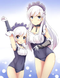 Rule 34 | 2girls, aged down, apron, azur lane, belfast (azur lane), blue eyes, blush, braid, breasts, chain, cleavage, collar, collarbone, commentary request, dress, french braid, frills, gloves, highres, large breasts, little bel (azur lane), long hair, looking at viewer, maid, maid headdress, multiple girls, open mouth, smile, swimsuit, white gloves, white hair