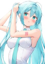 Rule 34 | 1girl, :d, arms up, bare shoulders, blue eyes, blue hair, blush, breasts, collared shirt, commentary, grey shirt, hair between eyes, hair down, hannari369, hatsune miku, highres, long hair, medium breasts, necktie, no bra, number tattoo, open mouth, shirt, shoulder tattoo, skin tight, sleeveless, sleeveless shirt, unworn sleeves, smile, solo, tattoo, tying hair, upper body, very long hair, vocaloid