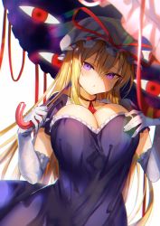 Rule 34 | 1girl, amamitsu kousuke, bad id, bad twitter id, blonde hair, blush, breasts, choker, cleavage, commentary request, dress, elbow gloves, gap (touhou), gloves, hair between eyes, hand on own chest, hat, hat ribbon, highres, holding, holding umbrella, large breasts, long hair, looking at viewer, mob cap, parted lips, pink umbrella, purple dress, purple eyes, red choker, red ribbon, ribbon, ribbon choker, short sleeves, sidelocks, simple background, solo, touhou, umbrella, upper body, very long hair, white background, white gloves, white hat, yakumo yukari