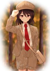 Rule 34 | 1girl, absurdres, bag, blurry, blurry background, brown hair, brown hat, brown jacket, brown shorts, cabbie hat, cipher (user watm8555), closed mouth, collared shirt, cowboy shot, day, forbidden scrollery, forest, hand on headwear, hand up, hat, highres, jacket, long sleeves, looking at viewer, medium hair, nature, necktie, open clothes, open jacket, outdoors, red eyes, red necktie, shameimaru aya, shameimaru aya (newsboy), shirt, shirt tucked in, shorts, shoulder bag, solo, standing, tie clip, touhou, tree, tree shade, vignetting, white shirt