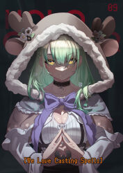 Rule 34 | absurdres, black choker, black skirt, breasts, ceres fauna, ceres fauna (jirai kei), choker, cleavage, cleavage cutout, closed mouth, clothing cutout, deer hood, evil smile, green hair, heart, heart choker, high-waist skirt, highres, hololive, hololive english, lace-trimmed choker, lace trim, large breasts, long hair, long sleeves, midorimae, mole, mole under eye, official alternate costume, shirt, skirt, smile, upper body, virtual youtuber, white shirt, yellow eyes