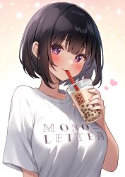 Rule 34 | 1girl, absurdres, black hair, blush, breasts, bubble tea, clothes writing, commentary request, cup, drinking, drinking straw, highres, holding, holding cup, karutamo, looking at viewer, medium breasts, original, purple eyes, shirt, short hair, short sleeves, smile, solo, sparkling eyes, upper body, white shirt