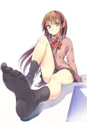Rule 34 | 1girl, arm support, black socks, blush, bow, bowtie, brown hair, feet, full body, long hair, long sleeves, looking at viewer, md5 mismatch, miniskirt, no shoes, original, resolution mismatch, school uniform, shadow, sitting, sketch, skirt, sleeves past wrists, socks, soles, solo, source larger, striped bow, striped bowtie, striped clothes, striped neckwear, sweater vest, toes, umeboshitora, very long hair, white background