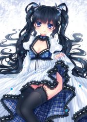 Rule 34 | 1girl, :q, bad id, bad pixiv id, black hair, black thighhighs, blue eyes, clothes lift, dress, earrings, frilled dress, frills, garter straps, highres, jewelry, lace, lace-trimmed legwear, lace trim, long hair, mikazuki sara, original, skirt, skirt lift, thighhighs, tongue, tongue out, twintails