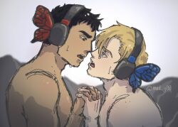 Rule 34 | 2boys, ao isami, black hair, blonde hair, butterfly hair ornament, couple, dark-skinned male, dark skin, ending song, eye contact, face-to-face, facial hair, hair ornament, headphones, holding hands, interlocked fingers, interracial, lewis smith, looking at another, mad g00, magnet (vocaloid), male focus, medium sideburns, multiple boys, nurse, sideburns stubble, sketch, songover, stubble, sweatdrop, thick eyebrows, yaoi, yuuki bakuhatsu bang bravern