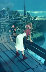 Rule 34 | 1girl, aerith gainsborough, against railing, bangle, bent over, boots, bracelet, braid, braided ponytail, brown footwear, cropped jacket, dress, facing away, final fantasy, final fantasy vii, final fantasy vii remake, flower, full body, gainsborough house, garden, hair ribbon, highres, jacket, jena (mintycolors), jewelry, against railing, long dress, long hair, outdoors, pink flower, pink ribbon, railing, red jacket, ribbon, short sleeves, sidelocks, signature, solo, square enix, white dress