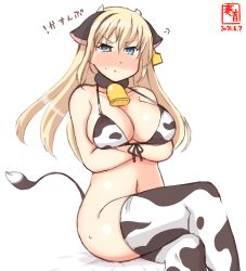 Rule 34 | 1girl, alternate costume, anal tail, animal ears, animal print, artist logo, bikini, bismarck (kancolle), blonde hair, blue eyes, blush, bottomless, breasts, cow ears, cow horns, cow print, cow tail, cowboy shot, dated, ear tag, fake tail, front-tie top, highres, horns, kanon (kurogane knights), kantai collection, large breasts, long hair, looking at viewer, nose blush, one-hour drawing challenge, pout, simple background, sitting, solo, swimsuit, tail, thighhighs, white background, white bikini, white thighhighs