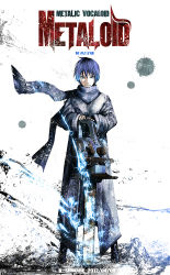 Rule 34 | 1boy, blue eyes, blue hair, blue scarf, chainsaw, character name, copyright name, dated, k-suwabe, kaito (vocaloid), male focus, matching hair/eyes, movie poster, scarf, smile, solo, vocaloid