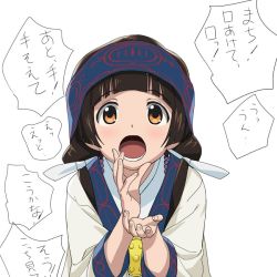 Rule 34 | 10s, 1girl, a1 (initial-g), ainu clothes, amayadori machi, black hair, blush, brown eyes, fellatio gesture, headband, japanese clothes, kumamiko, long hair, open mouth, sexually suggestive, simple background, solo, translation request, twintails, white background
