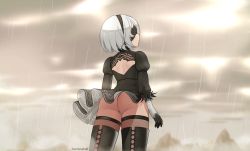 Rule 34 | 1girl, ass, black dress, black hairband, black thighhighs, blindfold, boots, cross-laced footwear, dress, feather-trimmed sleeves, gloves, hairband, juliet sleeves, long sleeves, nier, nier (series), nier:automata, panties, puffy sleeves, solo, thigh boots, thighhighs, underwear, white panties, 2b (nier:automata)