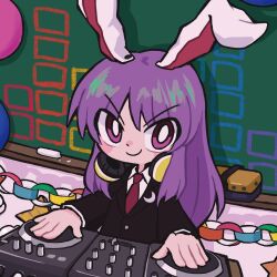 Rule 34 | 1girl, animal ears, balloon, black jacket, blazer, board eraser, buttons, chalk, chalkboard, clock, closed mouth, collared shirt, commentary request, crescent, crescent pin, dj, djrem, headphones, headphones around neck, jacket, light purple hair, long hair, long sleeves, mixing console, necktie, phonograph, purple eyes, purple hair, rabbit ears, rabbit girl, record, red necktie, reisen udongein inaba, shirt, solo, touhou, turntable, v-shaped eyebrows, very long hair, white shirt