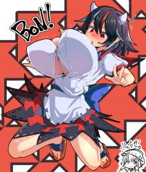 Rule 34 | 2girls, black hair, blush, breast expansion, breasts, bursting breasts, english text, grey horns, horns, huge breasts, japanese text, jumping, kijin seija, looking at viewer, looking down, midair, multicolored hair, multiple girls, peso (cheese company), pointy ears, red eyes, red hair, sandals, short hair, solo focus, sukuna shinmyoumaru, thighs, thumbs up, touhou, underboob