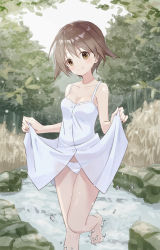 Rule 34 | 1girl, alternate costume, barefoot, breasts, brown eyes, brown hair, cleavage, closed mouth, clothes lift, collarbone, day, dress, dress lift, forest, hair between eyes, hide 0, lifted by self, miyafuji yoshika, nature, outdoors, panties, shiny skin, short hair, sleeveless, sleeveless dress, small breasts, smile, soaking feet, solo, standing, standing on one leg, strike witches, underwear, wading, water, white panties, world witches series, yellow dress