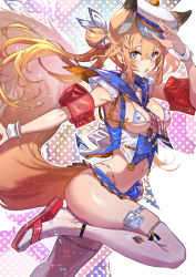 Rule 34 | 1girl, :o, animal ear fluff, animal ears, arm up, ascot, between breasts, bikini, blonde hair, blue bikini, blue eyes, blue sailor collar, blue skirt, blush, breasts, commentary request, double bun, hair between eyes, hair bun, hat, inflatable armbands, leg up, long hair, looking at viewer, medium breasts, micro bikini, microskirt, midriff, navel, original, pleated skirt, red footwear, sailor collar, sailor hat, sandals, skirt, solo, standing, standing on one leg, stomach, swimsuit, tail, tajima ryuushi, thighhighs, twintails, white hat, white thighhighs, wrist cuffs