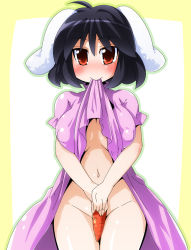 Rule 34 | 1girl, animal ears, black hair, blush, breasts, carrot, censored, clothes in mouth, clothes lift, convenient censoring, covered erect nipples, covering privates, covering crotch, dress, dress in mouth, dress lift, female focus, groin, inaba tewi, large breasts, mouth hold, navel, no nose, aged up, rabbit ears, red eyes, semahiro, short hair, solo, touhou