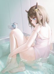 Rule 34 | 1girl, absurdres, amaroku neko, animal on leg, antlers, bare legs, barefoot, bird, blue eyes, breasts, brown hair, closed mouth, expressionless, hair ornament, highres, horns, indie virtual youtuber, indoors, kano (utaite), looking at animal, medium hair, off shoulder, one-piece swimsuit, partially submerged, solo, star (symbol), star hair ornament, swimsuit, virtual youtuber, water, wet, white one-piece swimsuit