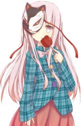 Rule 34 | 1girl, bad id, bad pixiv id, bow, bowtie, candy apple, expressionless, female focus, food, fox mask, hata no kokoro, long hair, long sleeves, looking at viewer, mask, peta (petalol), pink eyes, pink hair, plaid, plaid shirt, shirt, simple background, skirt, solo, touhou, very long hair, white background, wide sleeves