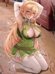 Rule 34 | armpits, arms behind head, artist name, belt, blonde hair, boots, braid, breasts, bridal gauntlets, brown belt, cleavage, cleavage cutout, clothing cutout, coach, collar, commentary, commission, cosplay, crossed bangs, dawapat, dress, elbow gloves, elf, english commentary, fake elf ears, gloves, green dress, hair between eyes, high heel boots, high heels, indoors, kneeling, large breasts, licking lips, long hair, looking at viewer, metal collar, nakiri erina, paid reward available, pointy ears, purple eyes, shera l. greenwood, shokugeki no souma, sleeveless, sleeveless dress, thigh boots, tongue, tongue out, twin braids, variant set, white footwear, white gloves