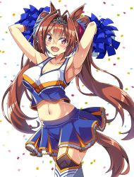 Rule 34 | 1girl, animal ears, armpits, arms up, blue skirt, blush, breasts, brown hair, cheering, cheerleader, cleavage, collarbone, confetti, crop top, daiwa scarlet (umamusume), fang, hair intakes, highres, holding, holding pom poms, horse ears, horse girl, horse tail, large breasts, layered legwear, long hair, looking at viewer, macaroni hourensou, miniskirt, navel, open mouth, pleated skirt, pom pom (cheerleading), pom poms, red eyes, shirt, skin fang, skirt, sleeveless, sleeveless shirt, smile, solo, sweat, tail, thighhighs, tiara, twintails, umamusume, very long hair, white background